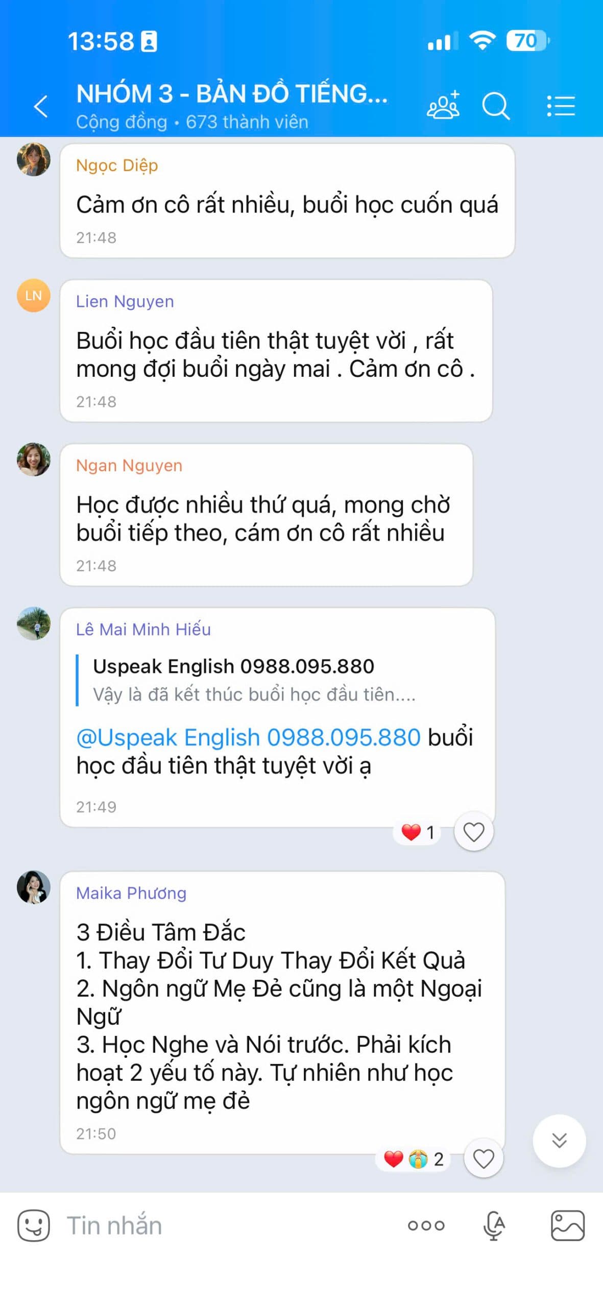 Tin nhắn chia sẻ học viên Bản Đồ Tiếng Anh 9