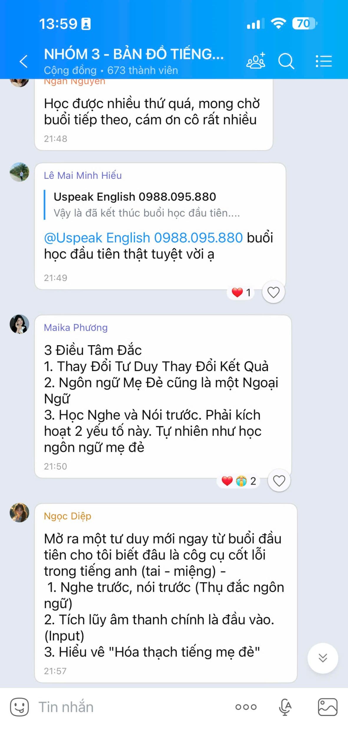 Tin nhắn chia sẻ học viên Bản Đồ Tiếng Anh 8