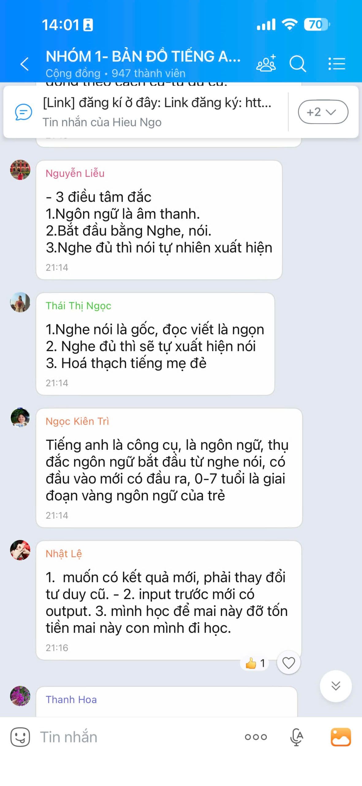 Tin nhắn chia sẻ học viên Bản Đồ Tiếng Anh 7