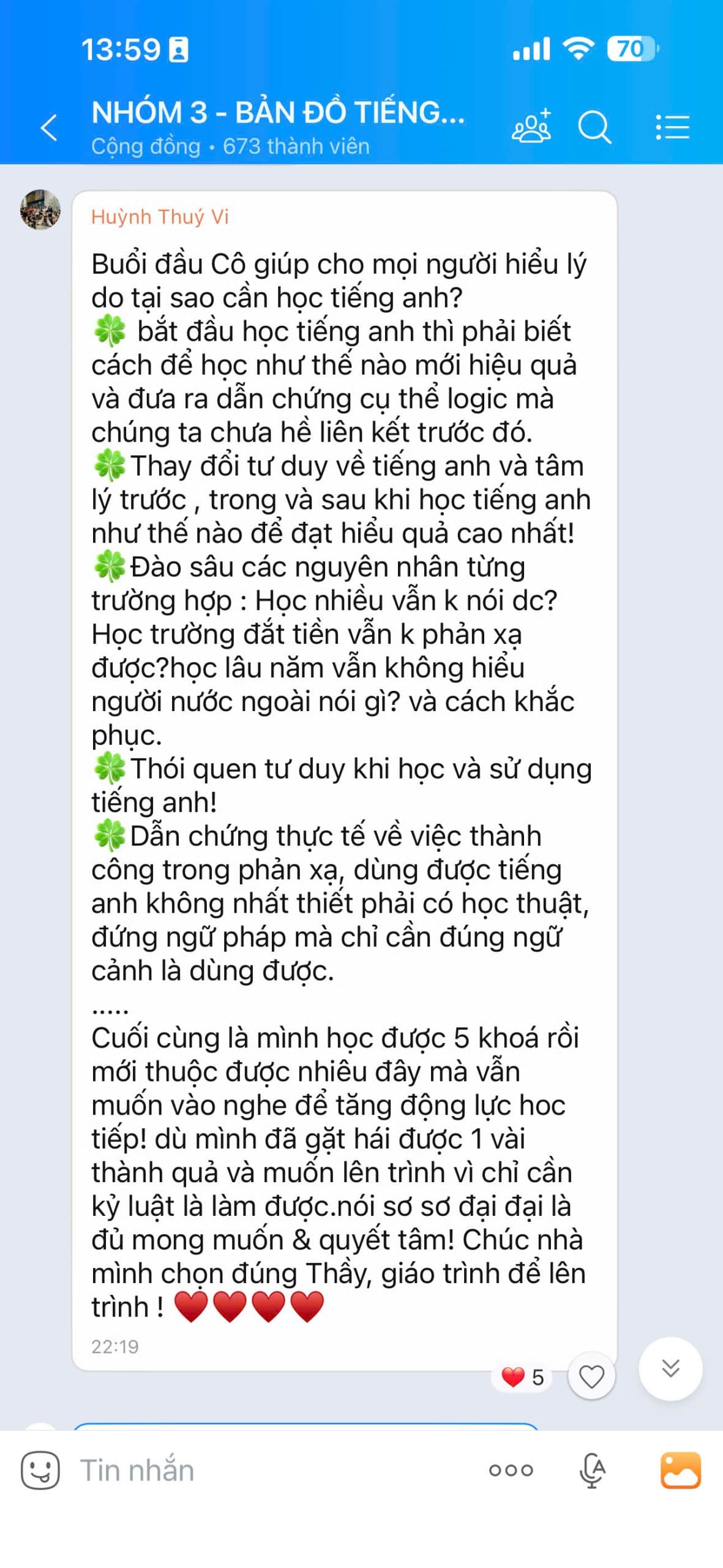 Tin nhắn chia sẻ học viên Bản Đồ Tiếng Anh 5