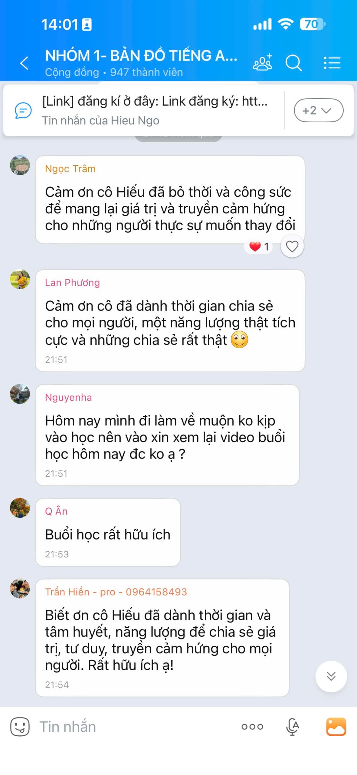 Tin nhắn chia sẻ học viên Bản Đồ Tiếng Anh 3