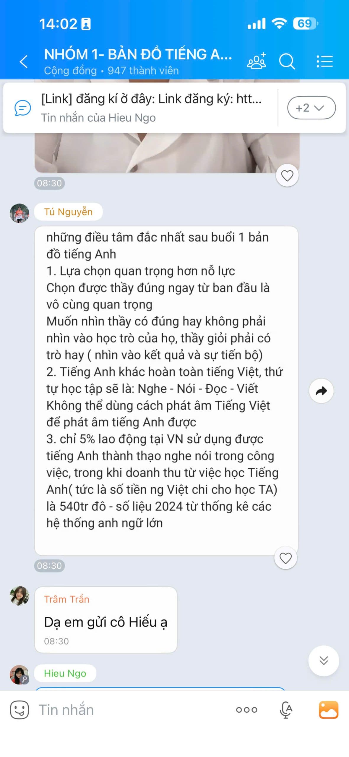 Tin nhắn chia sẻ học viên Bản Đồ Tiếng Anh 2