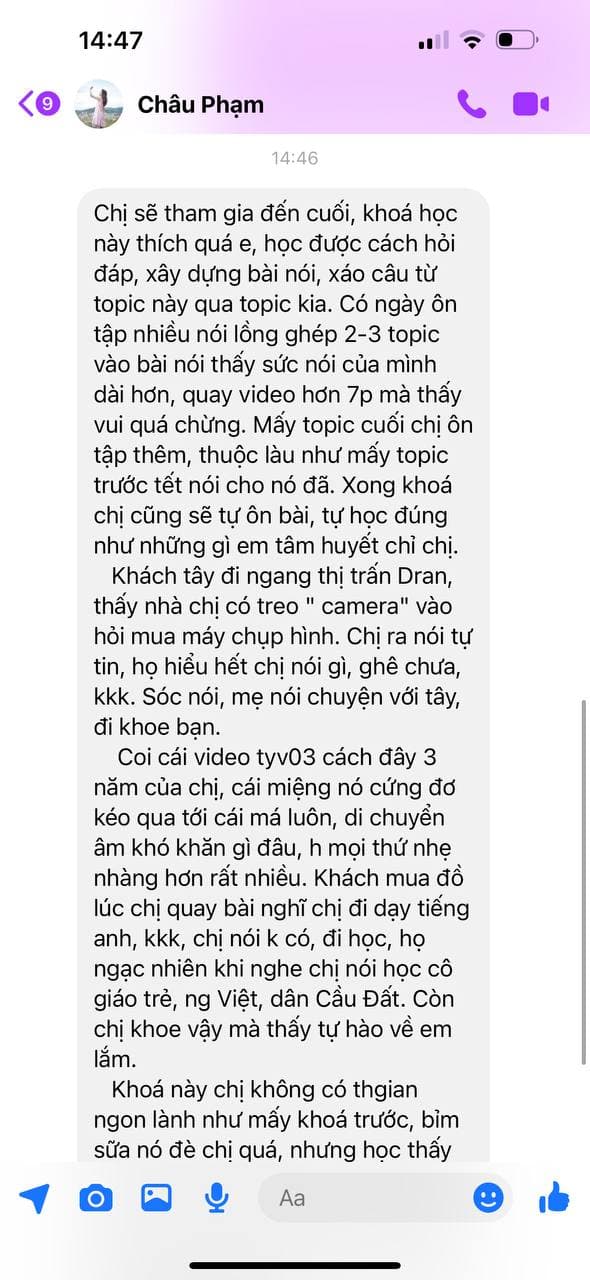 Tin nhắn phản hồi của Học viên Châu Phạm