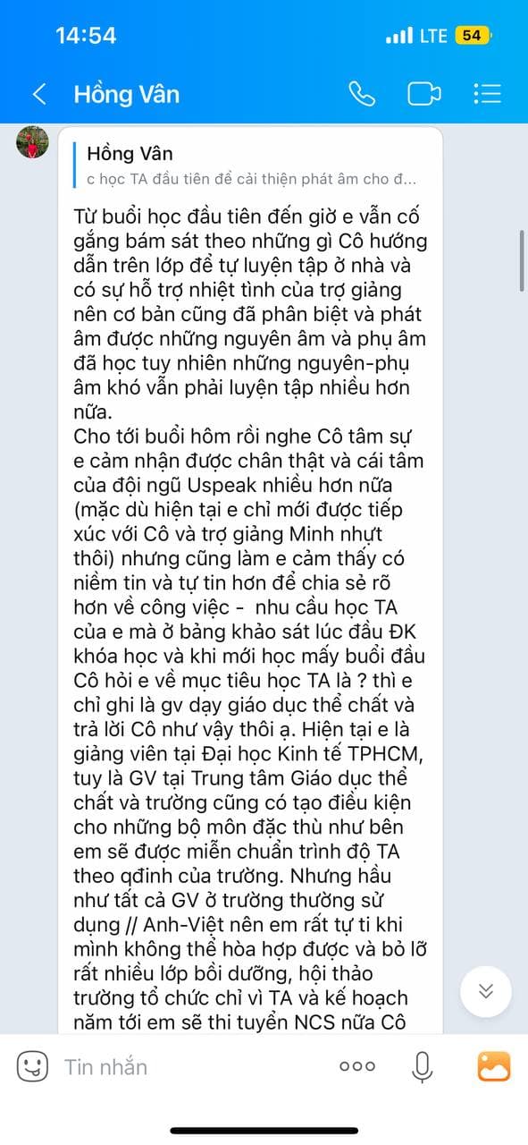 Tin nhắn phản hồi của Học viên Hồng Vân