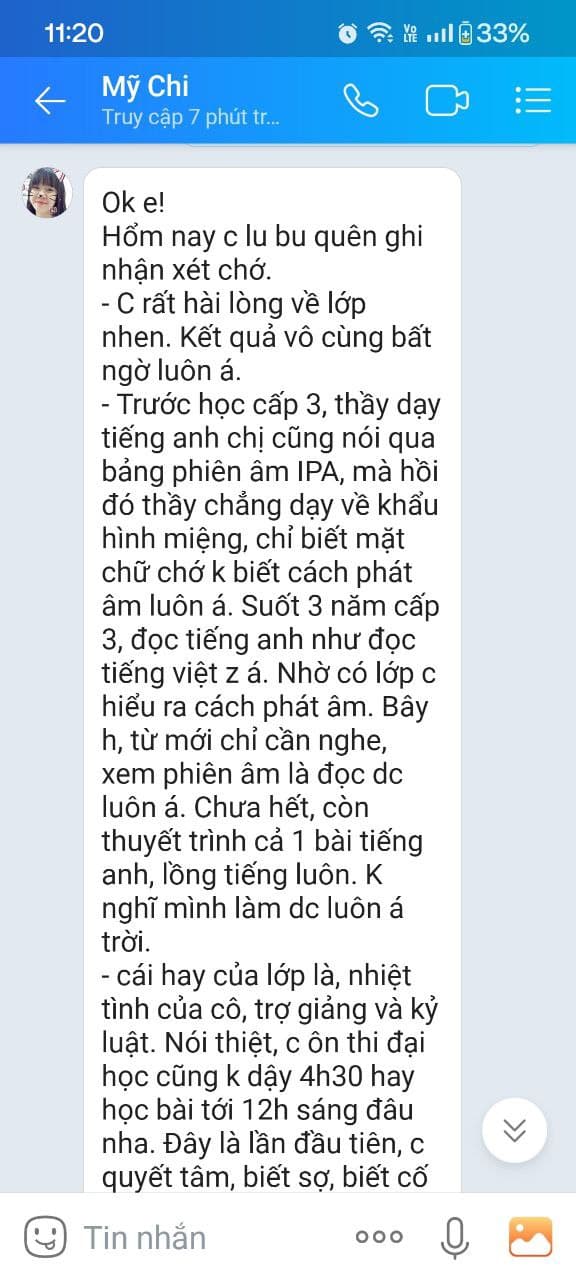 Tin nhắn phản hồi của Học viên Mỹ Chi