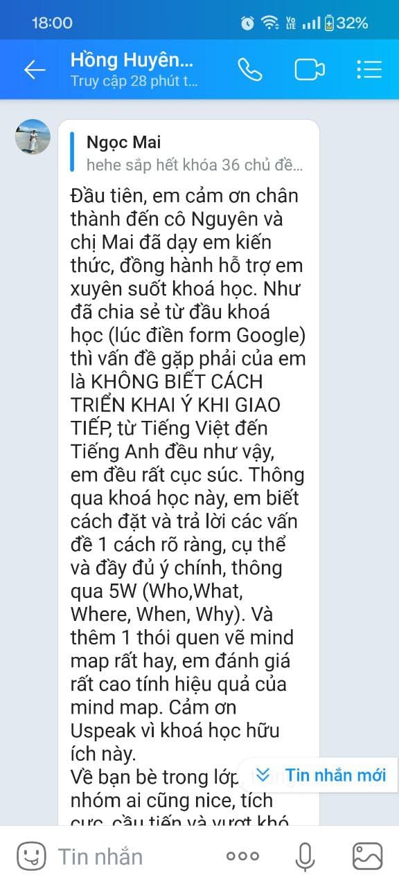 Tin nhắn phản hồi của Học viên Hồng Huyên