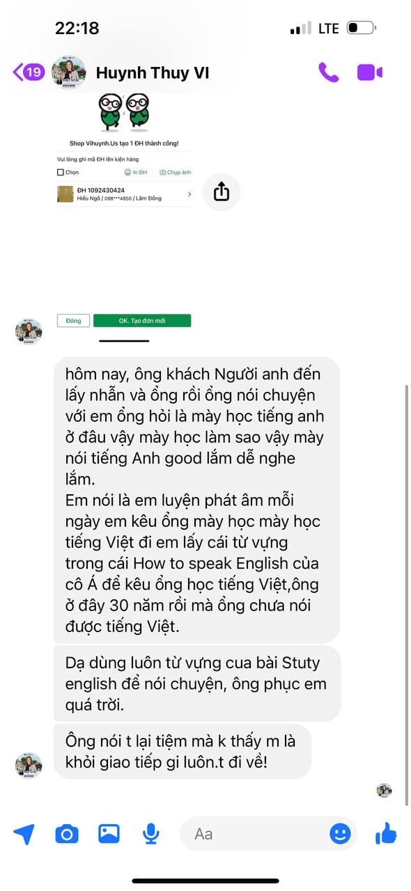 Tin nhắn phản hồi của Học viên Thuý Vi
