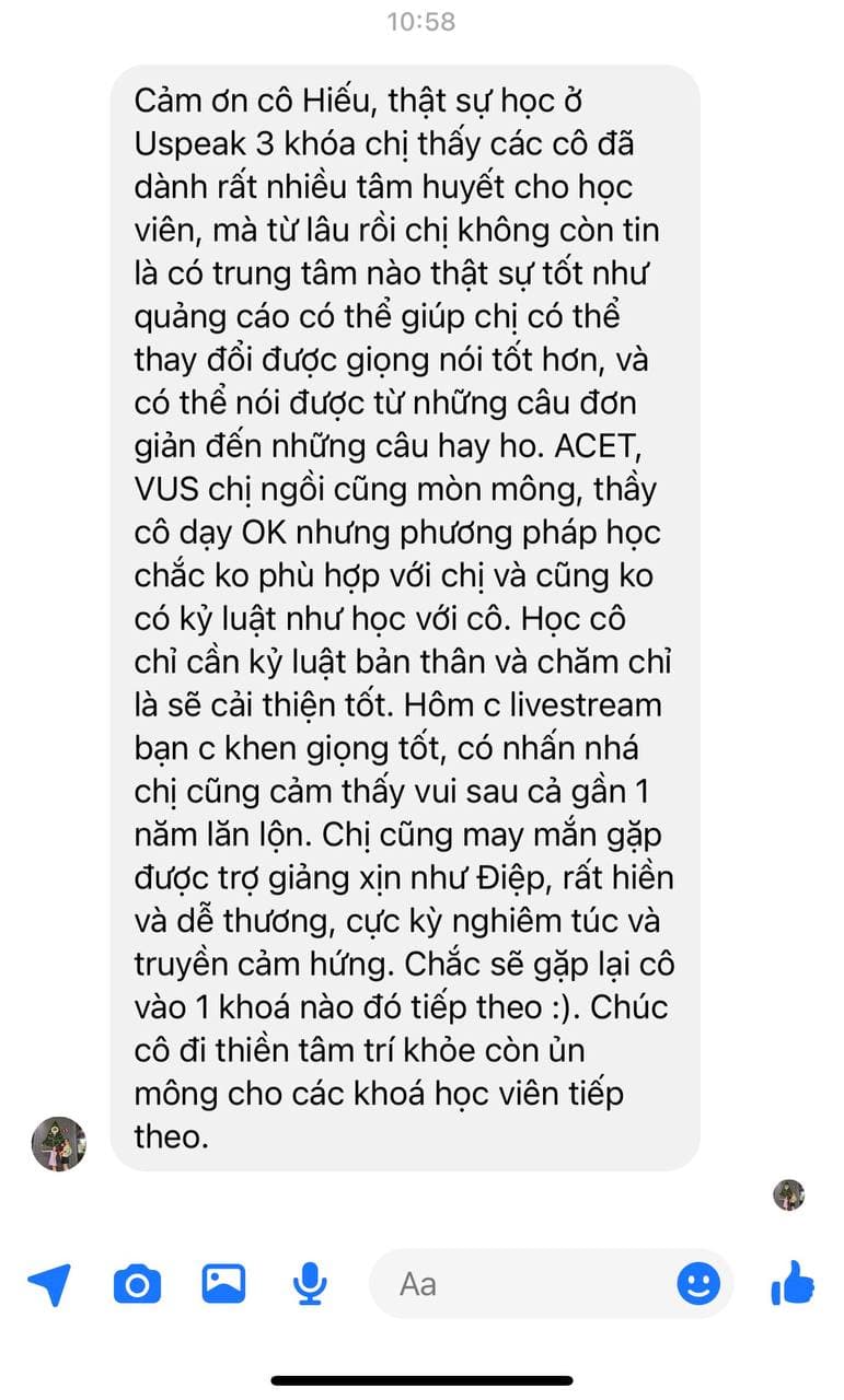 Tin nhắn phản hồi của Học viên Tuyết Mai
