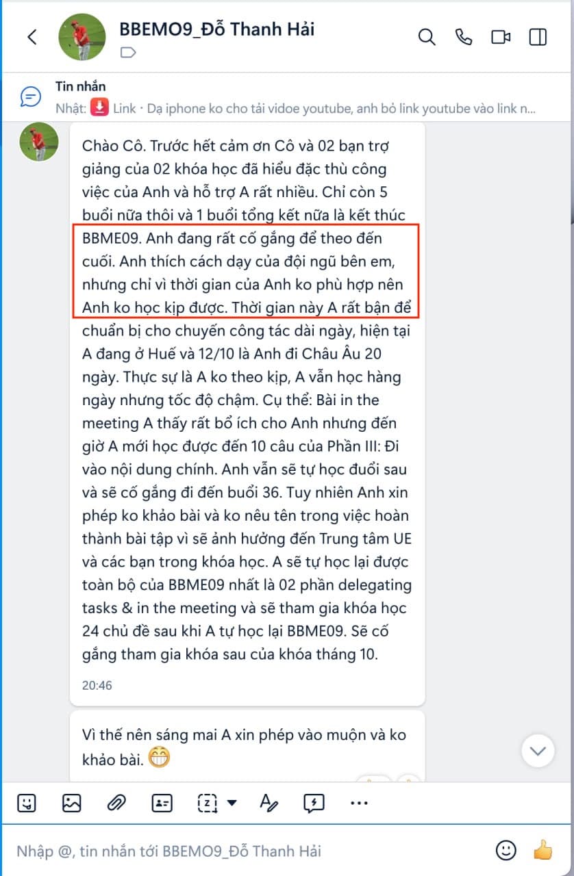 Tin nhắn phản hồi học viên Pro Talk 5