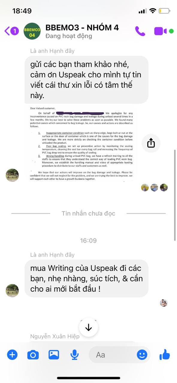 Tin nhắn phản hồi học viên Pro Talk 6