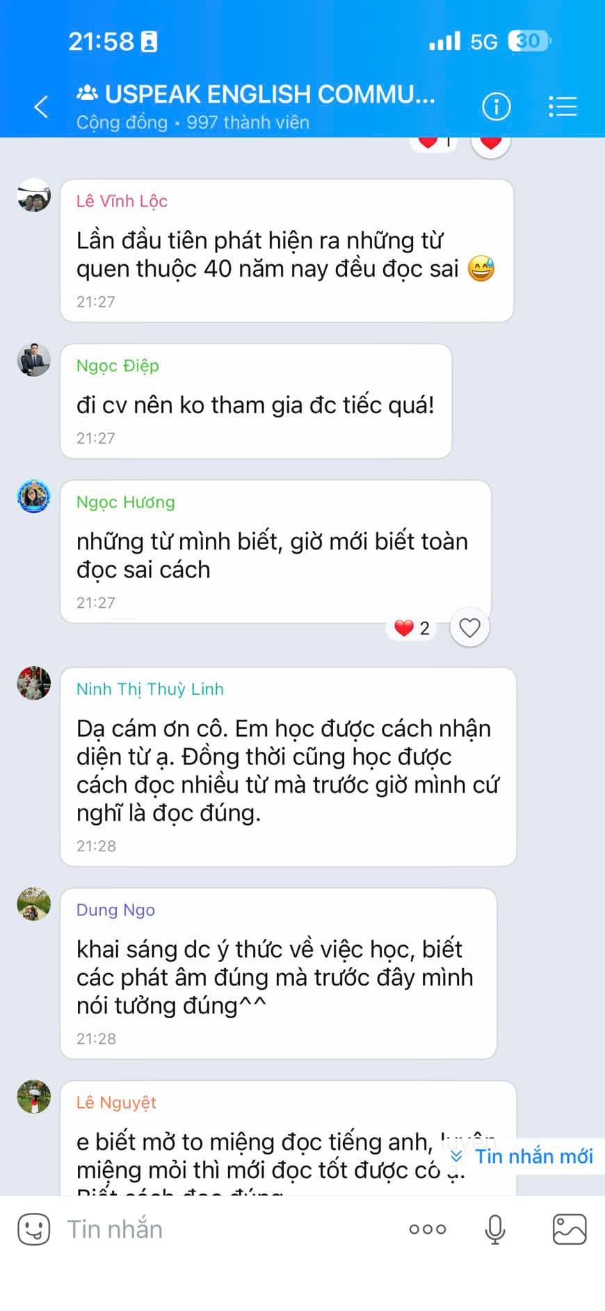 Tin nhắn phản hồi học viên Uspeak English 2