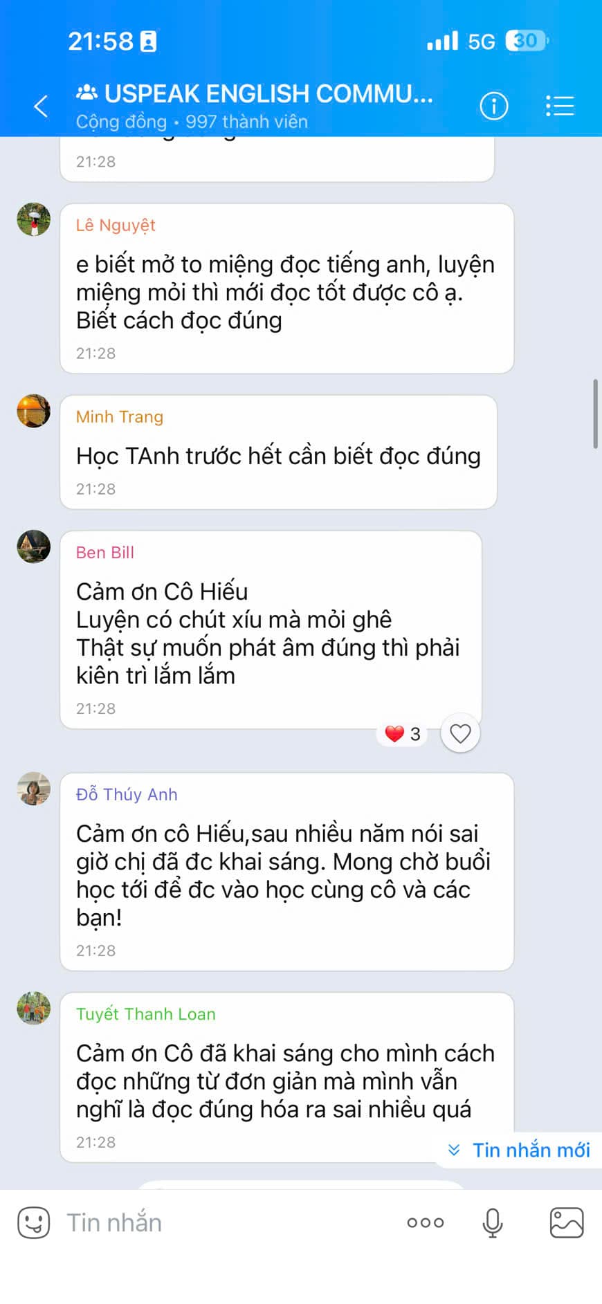 Tin nhắn phản hồi học viên Uspeak English 3