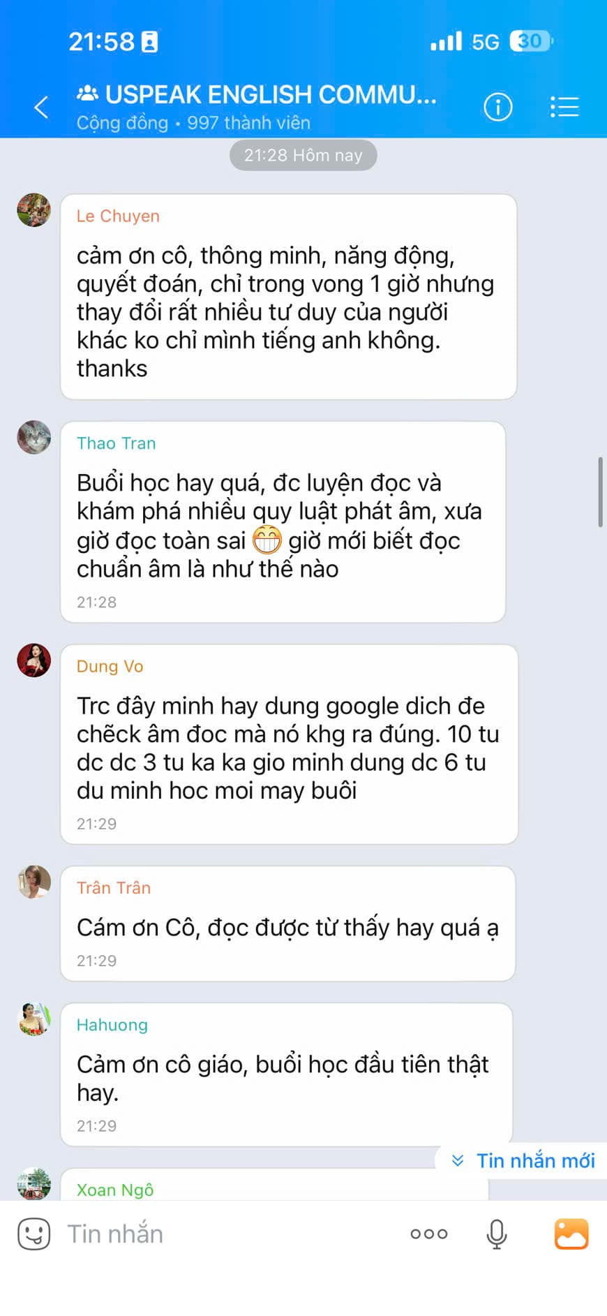 Tin nhắn phản hồi của học viên Uspeak 7