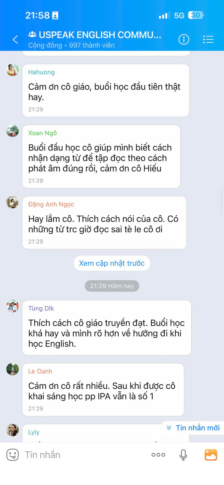 Tin nhắn phản hồi học viên Uspeak English 5