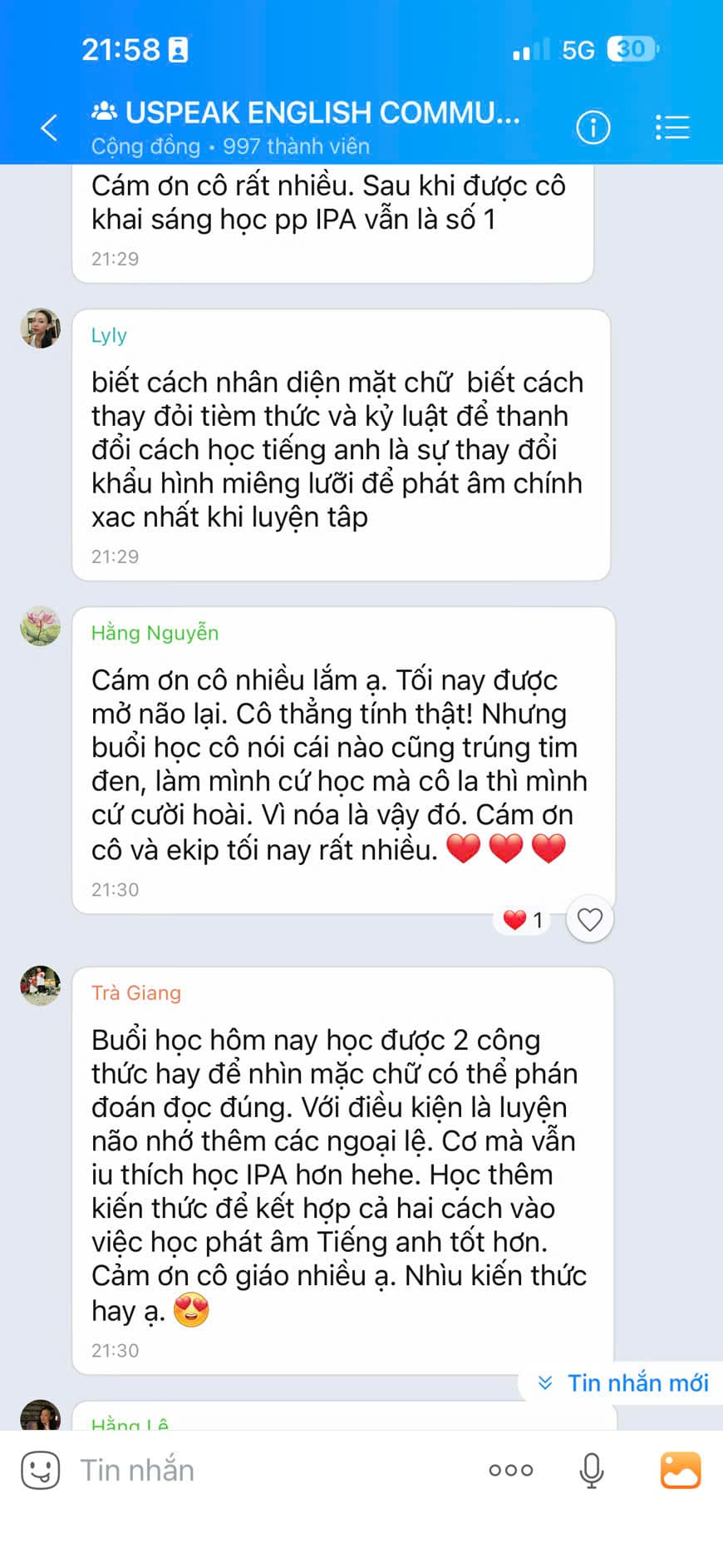 Tin nhắn phản hồi học viên Uspeak English 6