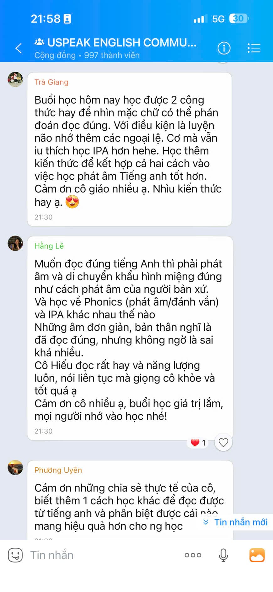 Tin nhắn phản hồi học viên Uspeak English 7