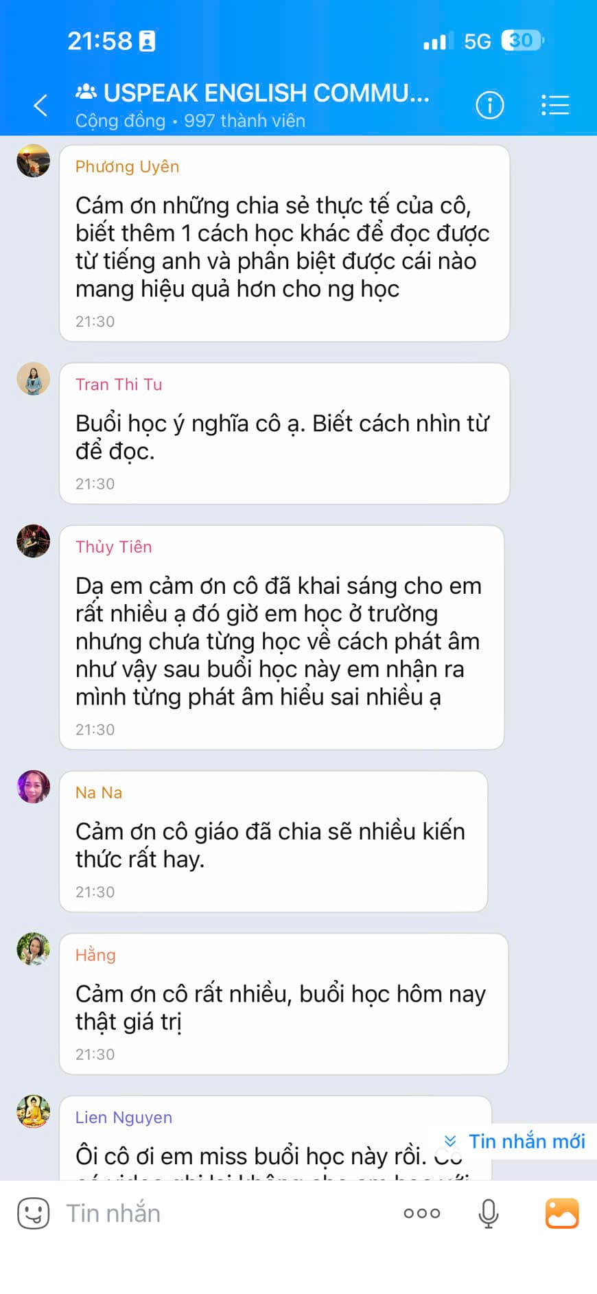 Tin nhắn phản hồi của học viên Uspeak 12