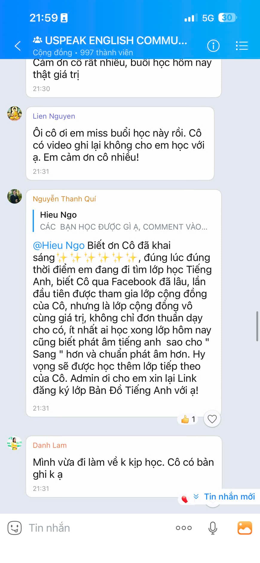 Tin nhắn phản hồi học viên Uspeak English 9