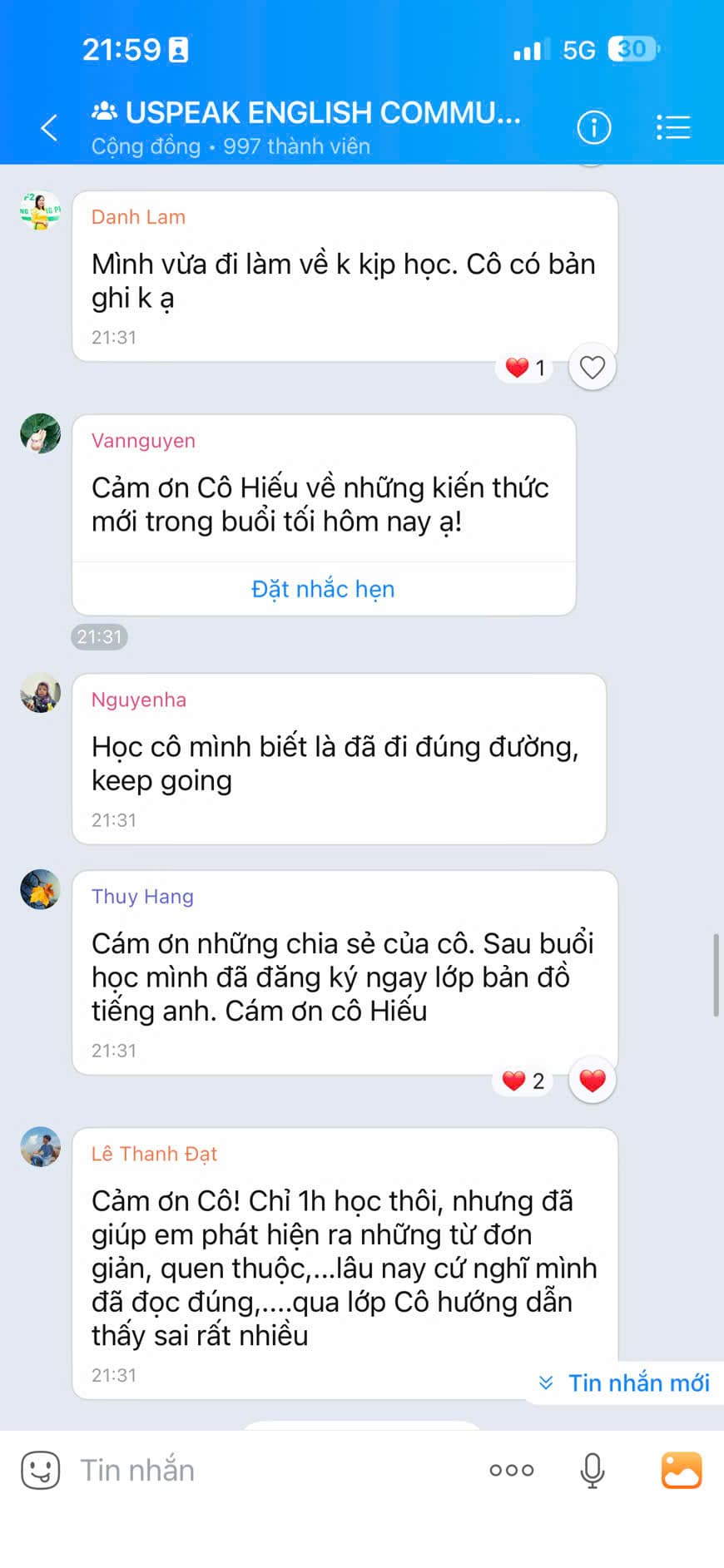 Tin nhắn phản hồi học viên Uspeak English 10