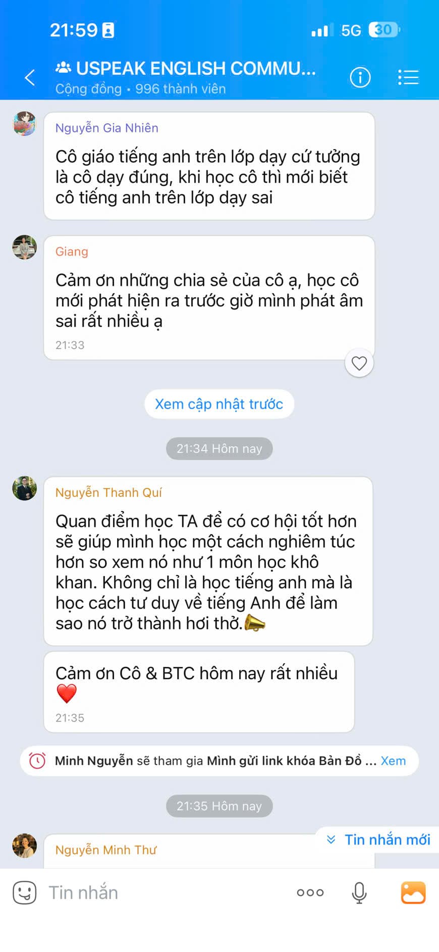 Tin nhắn phản hồi học viên Uspeak English 11