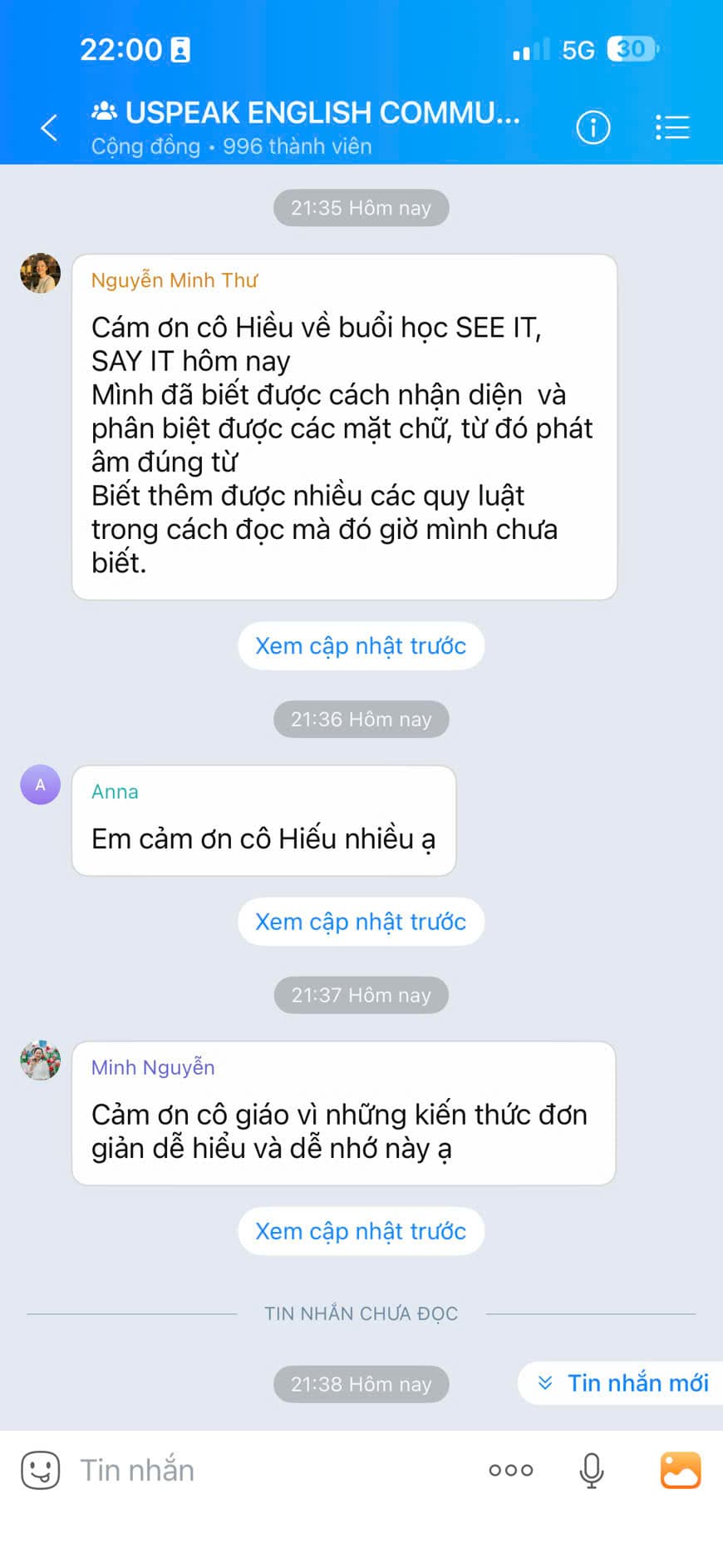 Tin nhắn phản hồi học viên Uspeak English 12