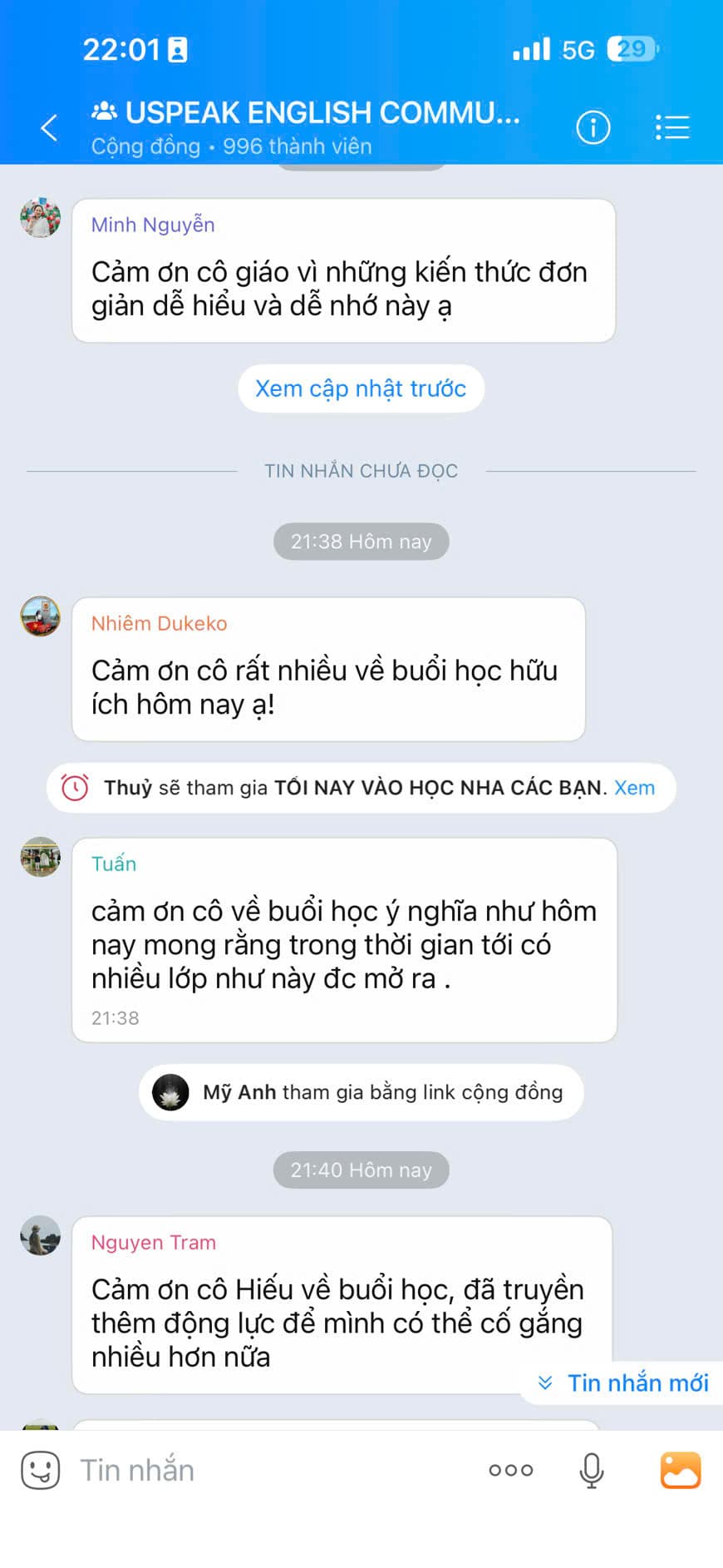Tin nhắn phản hồi học viên Uspeak English 13