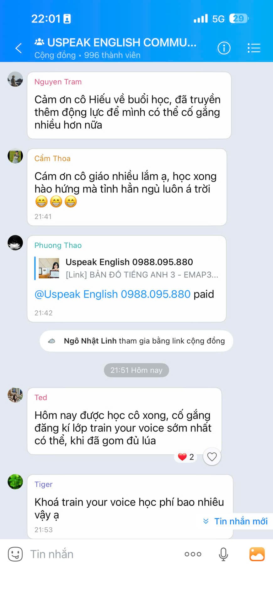 Tin nhắn phản hồi học viên Uspeak English 14