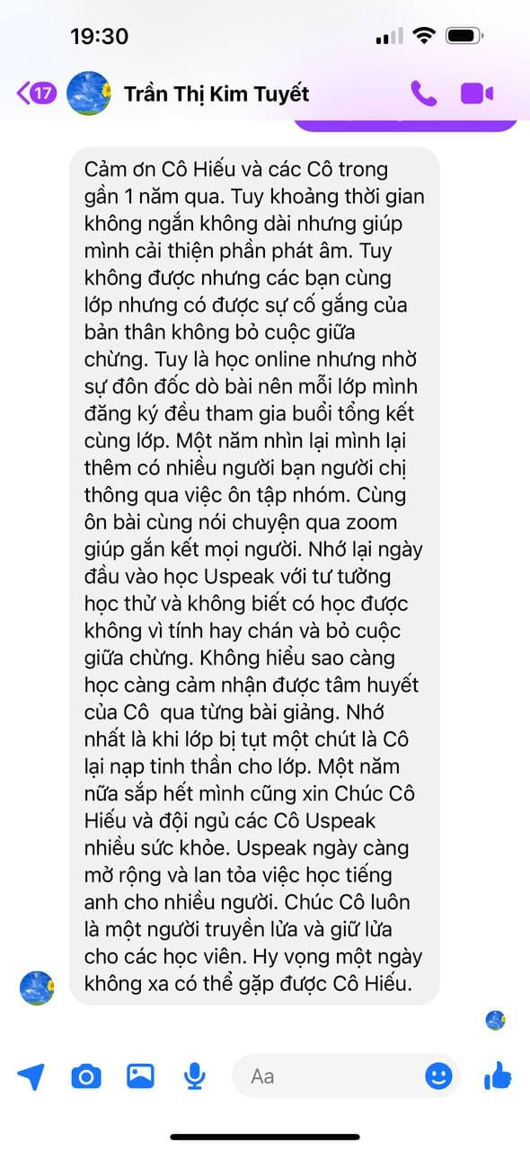 Tin nhắn phản hồi học viên Uspeak 360 9