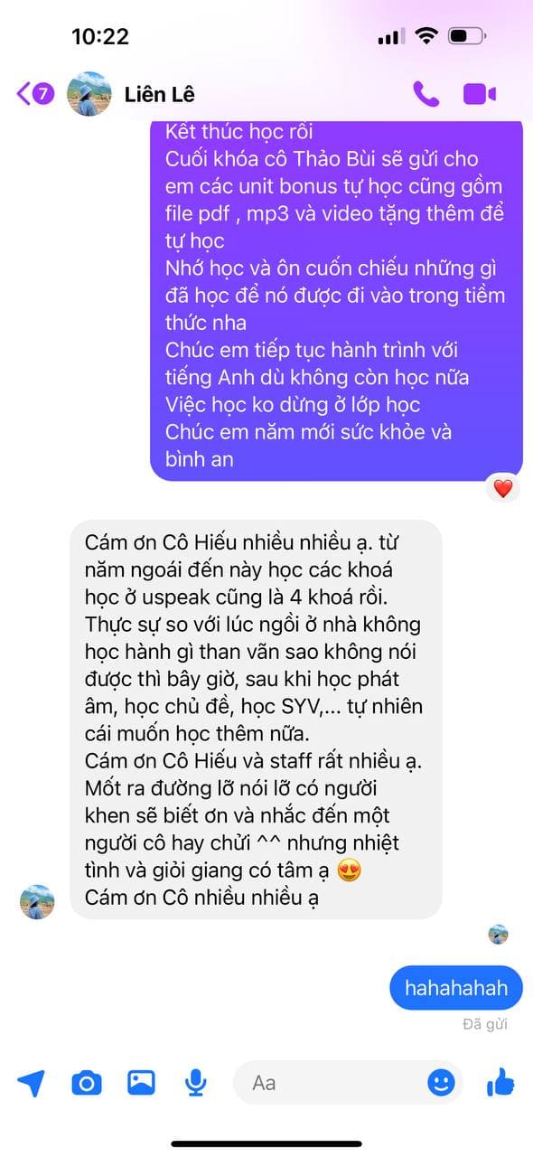 Tin nhắn phản hồi học viên Uspeak 360 13