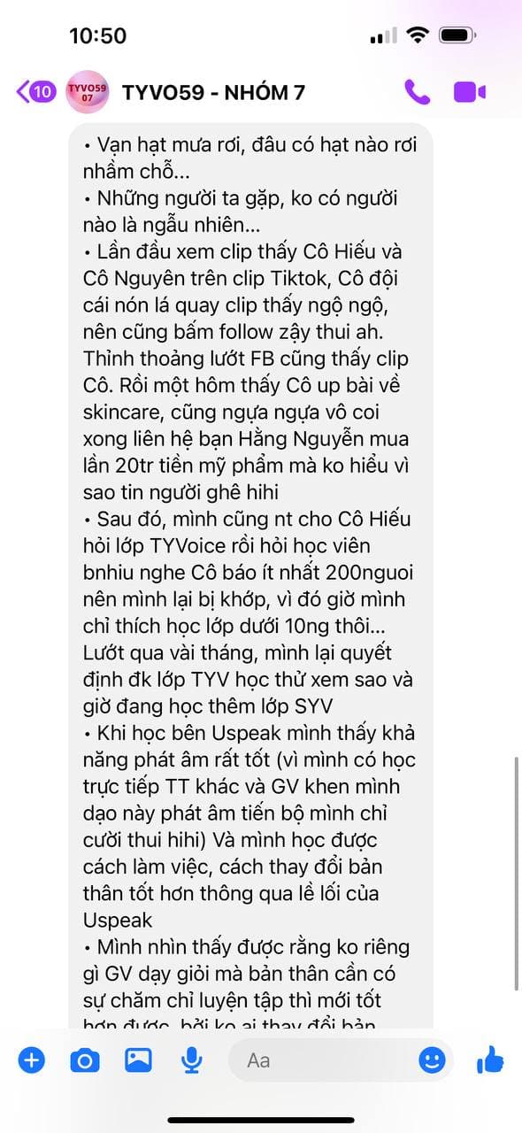 Tin nhắn phản hồi học viên Uspeak 360 7